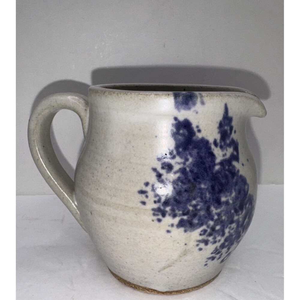 Studio Pottery Handmade Pitcher Signed  Blue White Cottagecore Farmhouse Organic - Picture 2 of 6